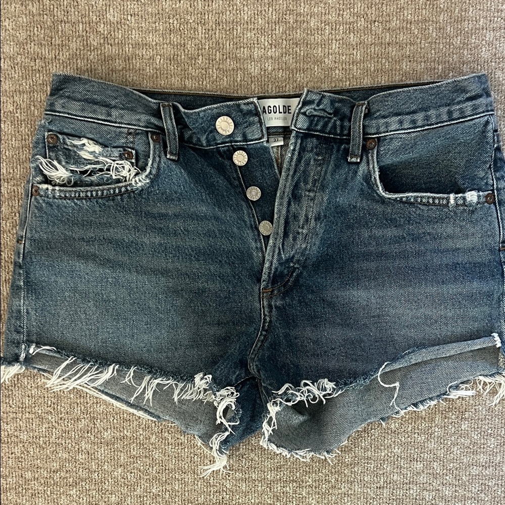 Agolde Women's Frayed Hem Jean Shorts - Dark Blue